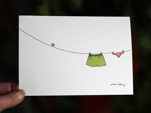 Carte illustrée du fil à linge amoureux, Illustration Emma Lidbury