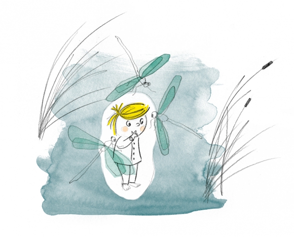 Illustration du petit Thomas au milieu d'un marais 