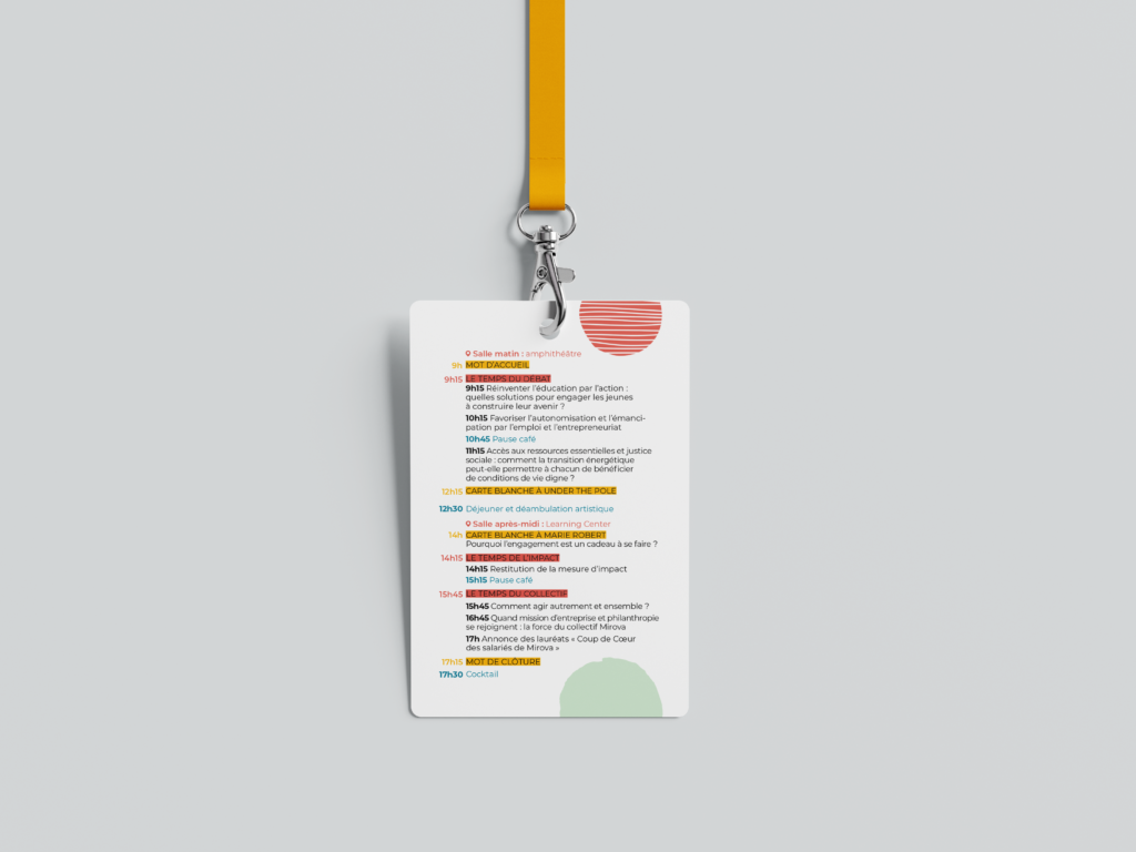 Mise en page du badge par la graphiste Emma Lidbury, pour l'événement des 5 ans de la fondation Mirova