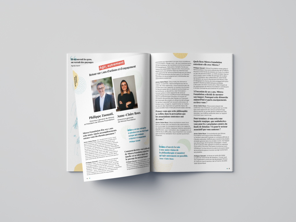 Mise en page graphique type magazine par la graphiste Emma Lidbury, du rapport d'impact de la fondation Mirova, pour leur 5 ans. 